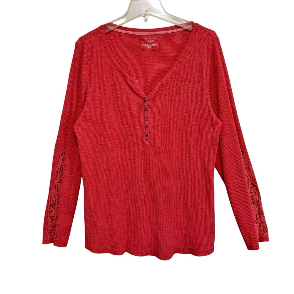 Sonoma Waffle Knit Top Womens Size XL Burnt Orange Long Lace Emb Sleeve